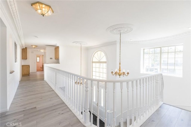 hallway with a chandelier, light wood-style flooring, and crown molding