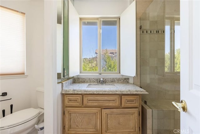 full bath with toilet, vanity, and a tile shower