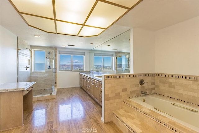 full bathroom featuring a shower stall, baseboards, a garden tub, wood finished floors, and vanity