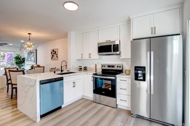 kitchen featuring a sink, stainless steel appliances, light wood-style floors, a peninsula, and white cabinets