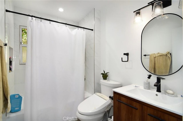 bathroom with vanity, toilet, a shower with curtain, and recessed lighting