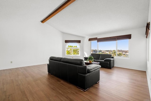 living room featuring a wealth of natural light, lofted ceiling with beams, baseboards, and wood finished floors