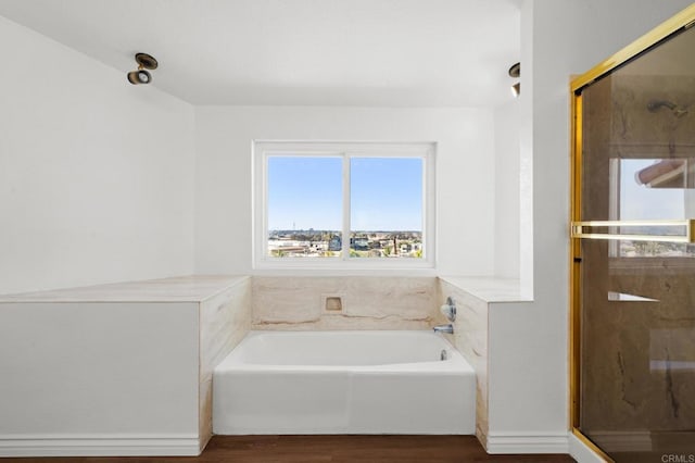 bathroom featuring a stall shower, wood finished floors, and a bath