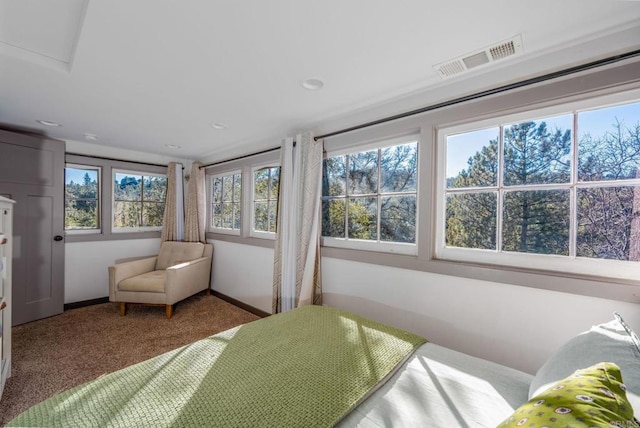 carpeted bedroom with visible vents and baseboards