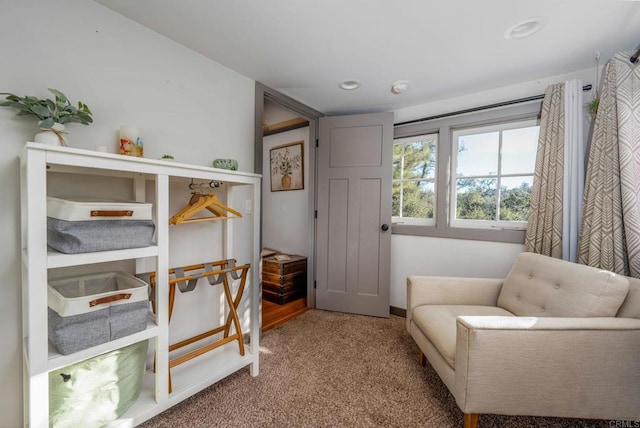 sitting room with recessed lighting and carpet floors