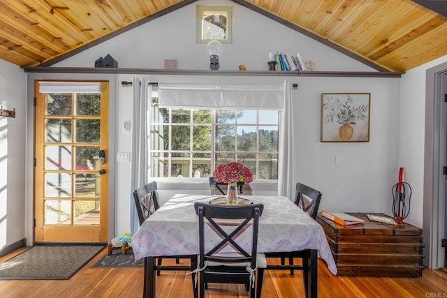 dining area featuring hardwood / wood-style floors, wooden ceiling, and lofted ceiling