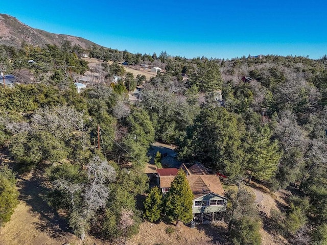 birds eye view of property featuring a mountain view and a wooded view