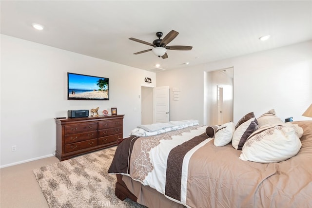 bedroom with carpet flooring, recessed lighting, baseboards, and ceiling fan