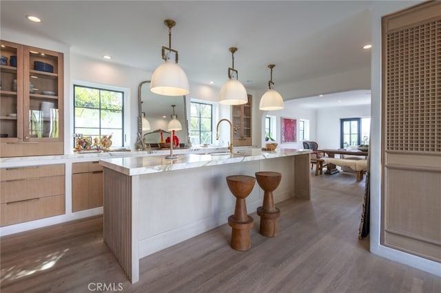 kitchen with light stone counters, wood finished floors, light brown cabinets, recessed lighting, and modern cabinets