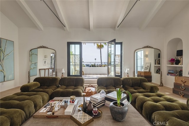 living room with beam ceiling