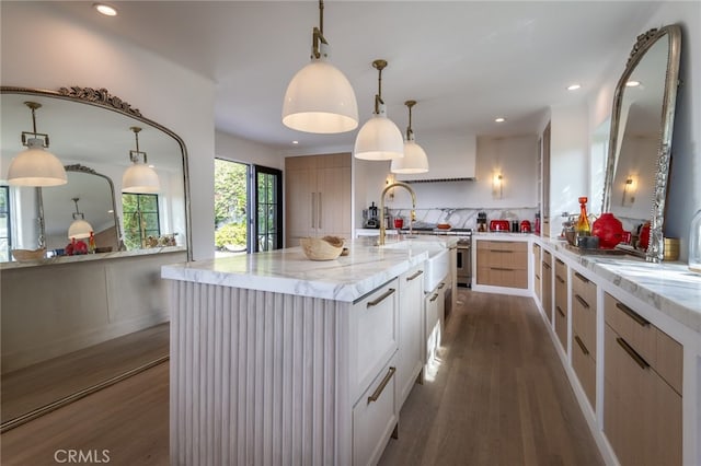 kitchen with dark wood-style floors, decorative backsplash, and light stone counters