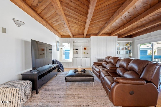 living room with beam ceiling, built in features, wood ceiling, and a wall mounted AC