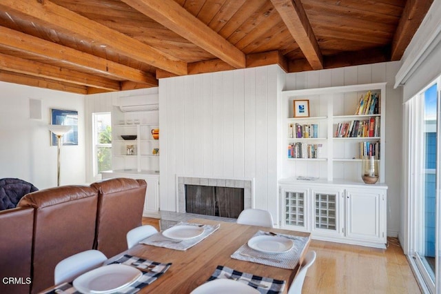 dining area featuring beam ceiling, a healthy amount of sunlight, a fireplace, and wood ceiling