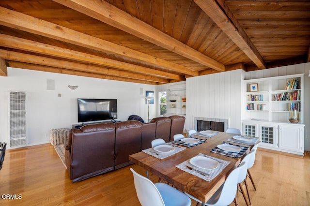 dining space with beam ceiling, built in shelves, light wood-style floors, a fireplace, and wood ceiling