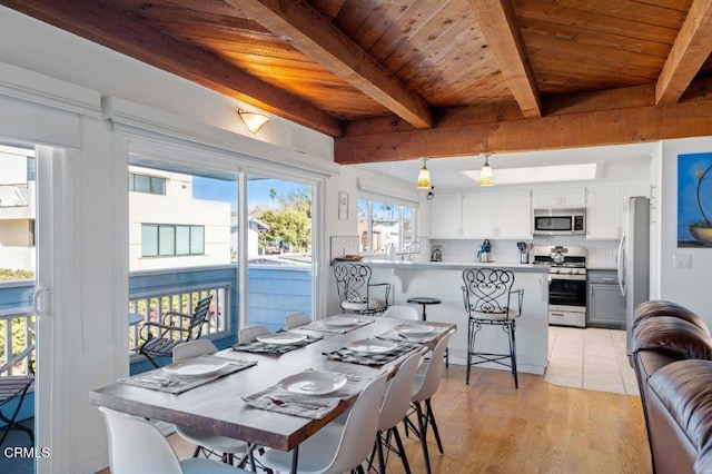 dining area with light wood-type flooring, beamed ceiling, and wood ceiling