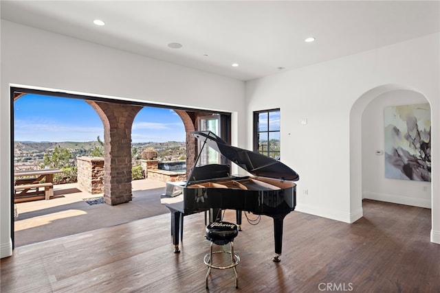 sitting room featuring recessed lighting, wood finished floors, arched walkways, and a healthy amount of sunlight