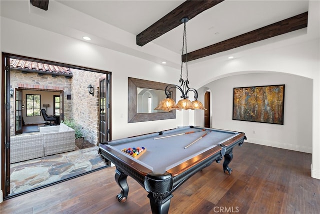 recreation room with pool table, baseboards, beam ceiling, recessed lighting, and wood-type flooring