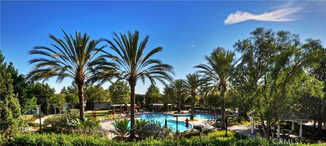 community pool with a gazebo