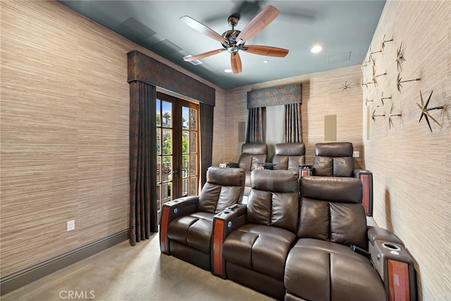 cinema with a ceiling fan, recessed lighting, french doors, carpet, and baseboards