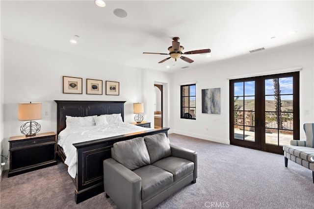 carpeted bedroom featuring access to exterior, visible vents, baseboards, recessed lighting, and a ceiling fan