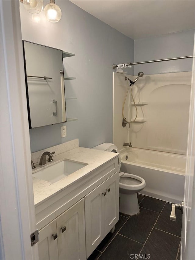 full bath featuring tile patterned floors, shower / bathtub combination, toilet, and vanity