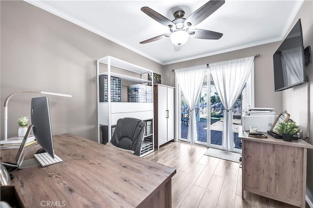 office with crown molding, wood finished floors, and ceiling fan