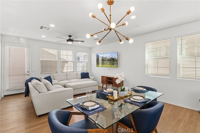 dining room with a ceiling fan, visible vents, baseboards, recessed lighting, and light wood-type flooring