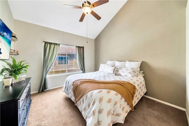 bedroom featuring carpet flooring, ceiling fan, baseboards, and vaulted ceiling