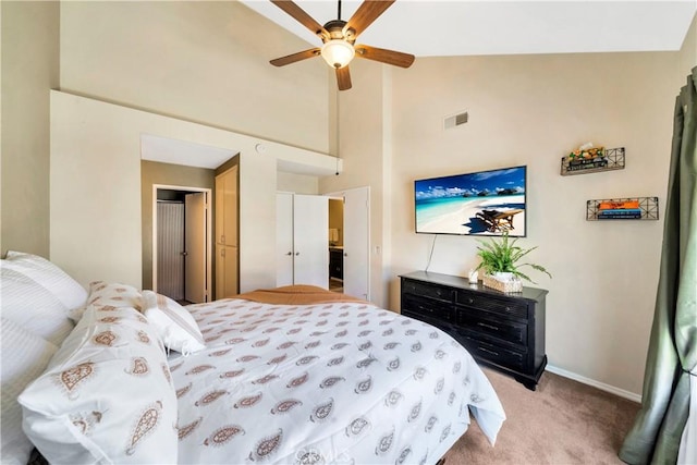 bedroom featuring a ceiling fan, visible vents, baseboards, high vaulted ceiling, and light colored carpet