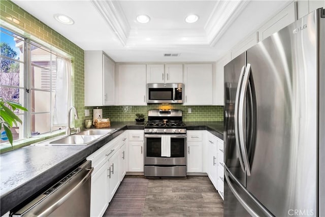 kitchen with dark countertops, ornamental molding, a sink, appliances with stainless steel finishes, and a raised ceiling