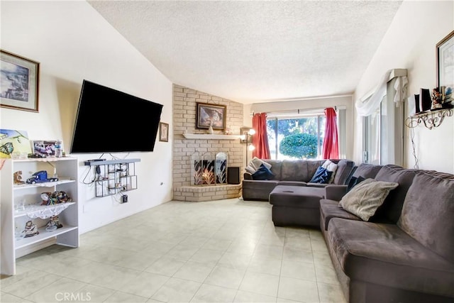 living area with a fireplace, a textured ceiling, and lofted ceiling