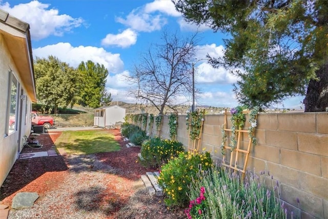 view of yard with an outdoor structure and a fenced backyard