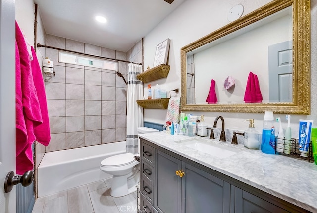 full bath with vanity, toilet, and shower / bathtub combination with curtain