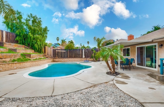 view of swimming pool featuring a fenced backyard, a fenced in pool, and a patio