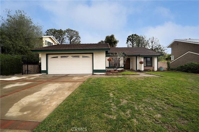 single story home with stucco siding, driveway, fence, a front yard, and a garage