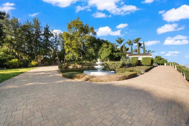 view of home's community with decorative driveway