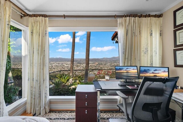 office space with baseboards and crown molding