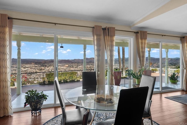 dining space featuring hardwood / wood-style flooring, a mountain view, and ornamental molding