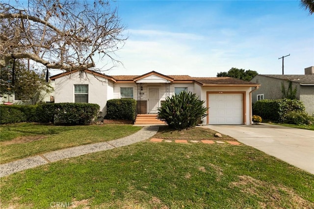 ranch-style home featuring stucco siding, concrete driveway, a front lawn, and a garage