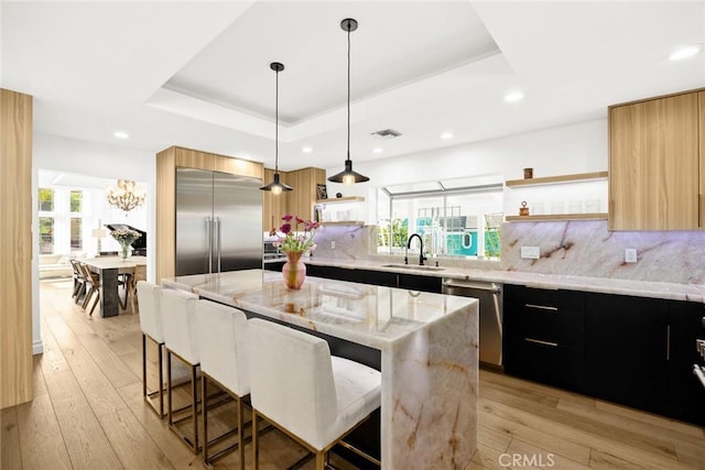 kitchen with open shelves, a tray ceiling, appliances with stainless steel finishes, dark cabinetry, and a sink