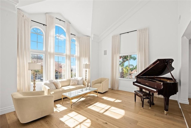 living area with baseboards, light wood-type flooring, and high vaulted ceiling