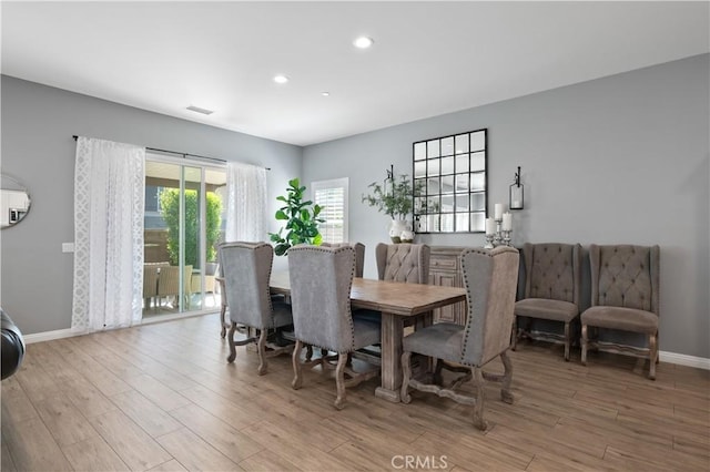 dining area with recessed lighting, light wood-type flooring, baseboards, and visible vents