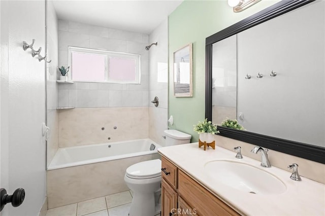 bathroom with vanity,  shower combination, toilet, and tile patterned floors