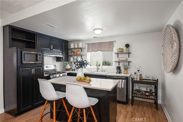 kitchen with open shelves, light wood-style floors, appliances with stainless steel finishes, and a sink