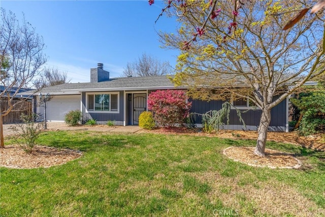 single story home featuring a garage, a front lawn, and a chimney