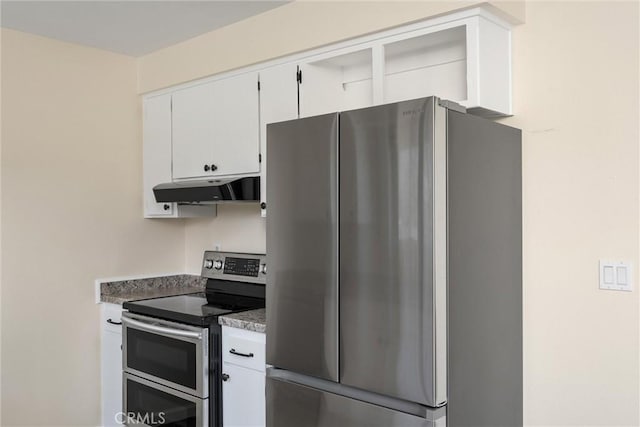 kitchen featuring under cabinet range hood, stainless steel appliances, and white cabinets