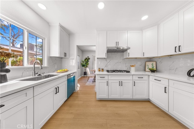 kitchen featuring under cabinet range hood, light wood-type flooring, light countertops, stainless steel appliances, and a sink