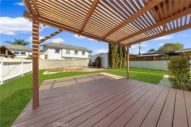 wooden terrace with a lawn, a pergola, and a fenced backyard