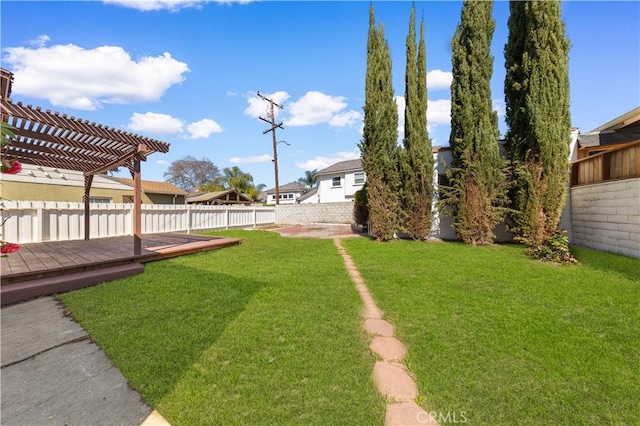 view of yard with a wooden deck, a fenced backyard, and a pergola