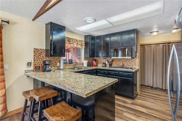 kitchen with light wood finished floors, a peninsula, dark cabinetry, stainless steel appliances, and a sink